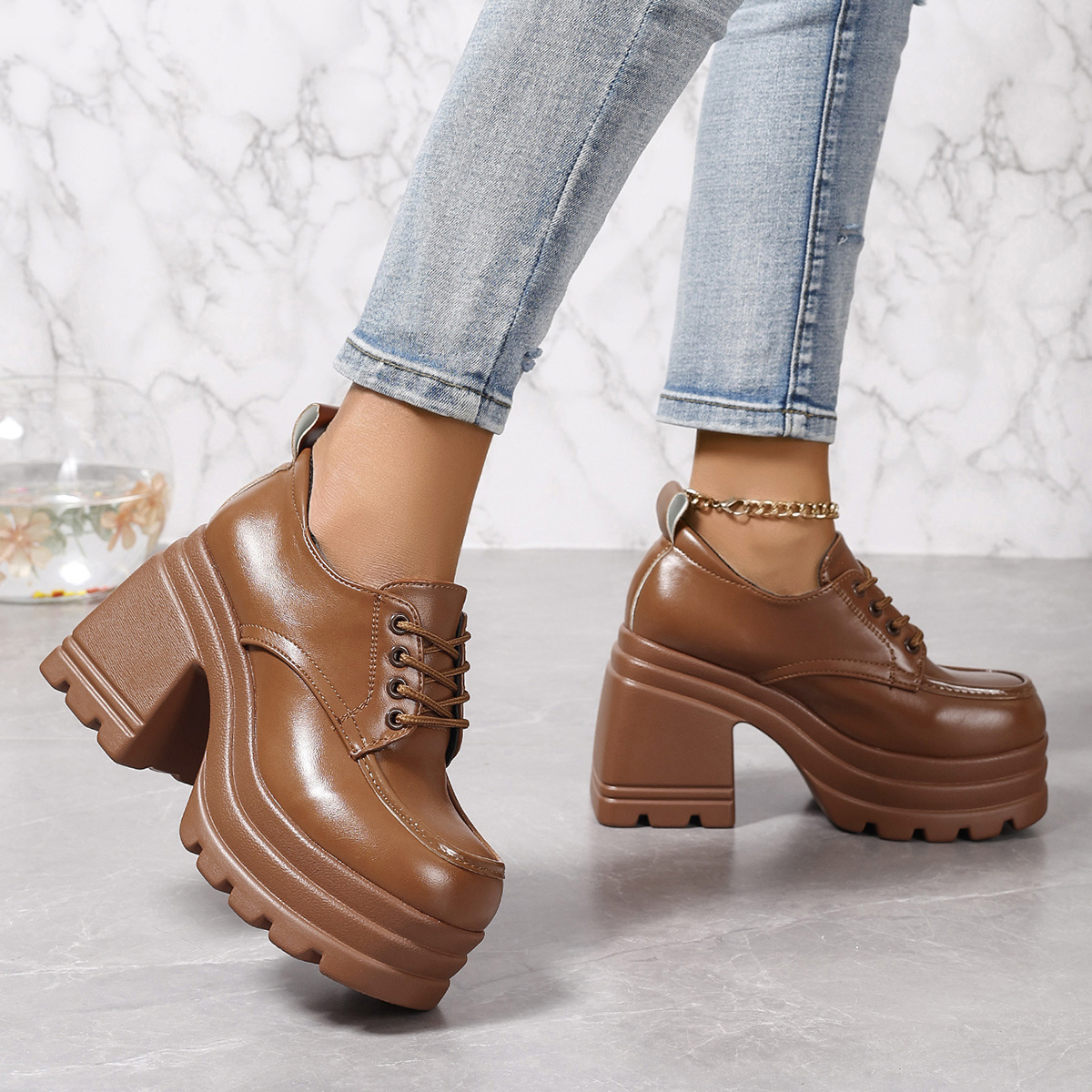 womens platform chunky heels solid color lace up low top pumps fashion all match womens high heels details 7