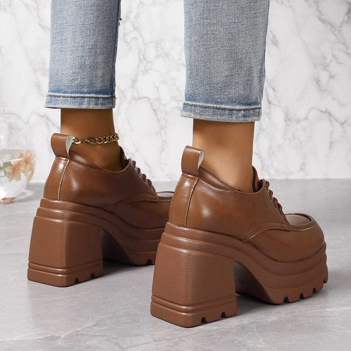 womens platform chunky heels solid color lace up low top pumps fashion all match womens high heels details 6