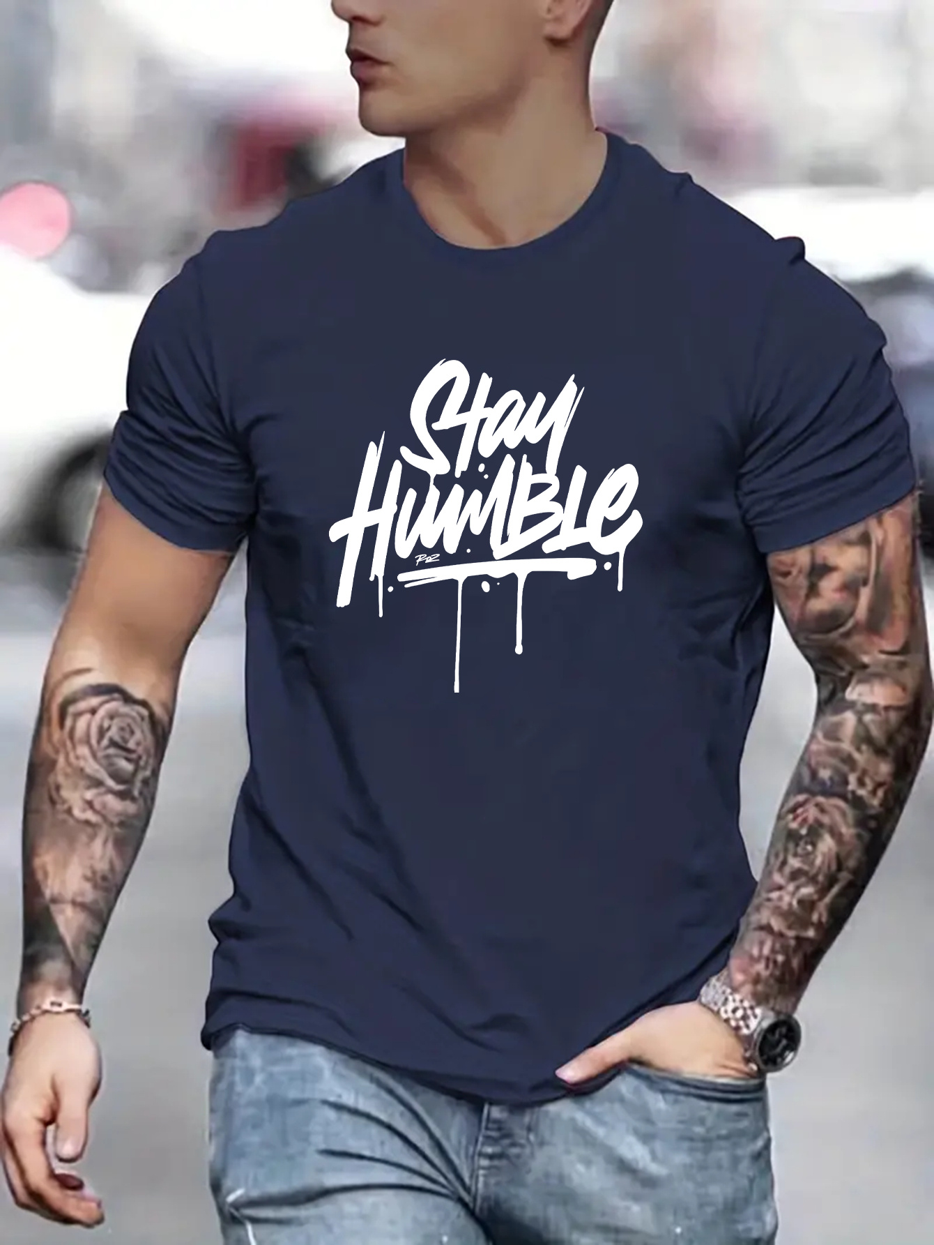 mens stay humble graphic short sleeve t shirt comfy stretchy trendy tees for summer casual daily style fashion clothing details 40