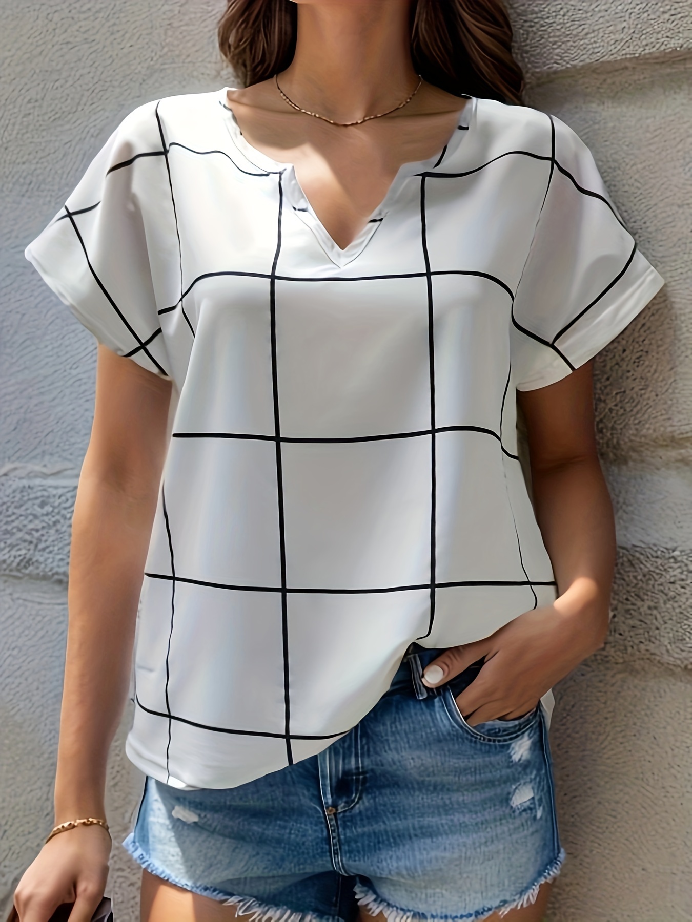 plaid notched neck blouse casual short sleeve blouse for spring summer womens clothing details 34