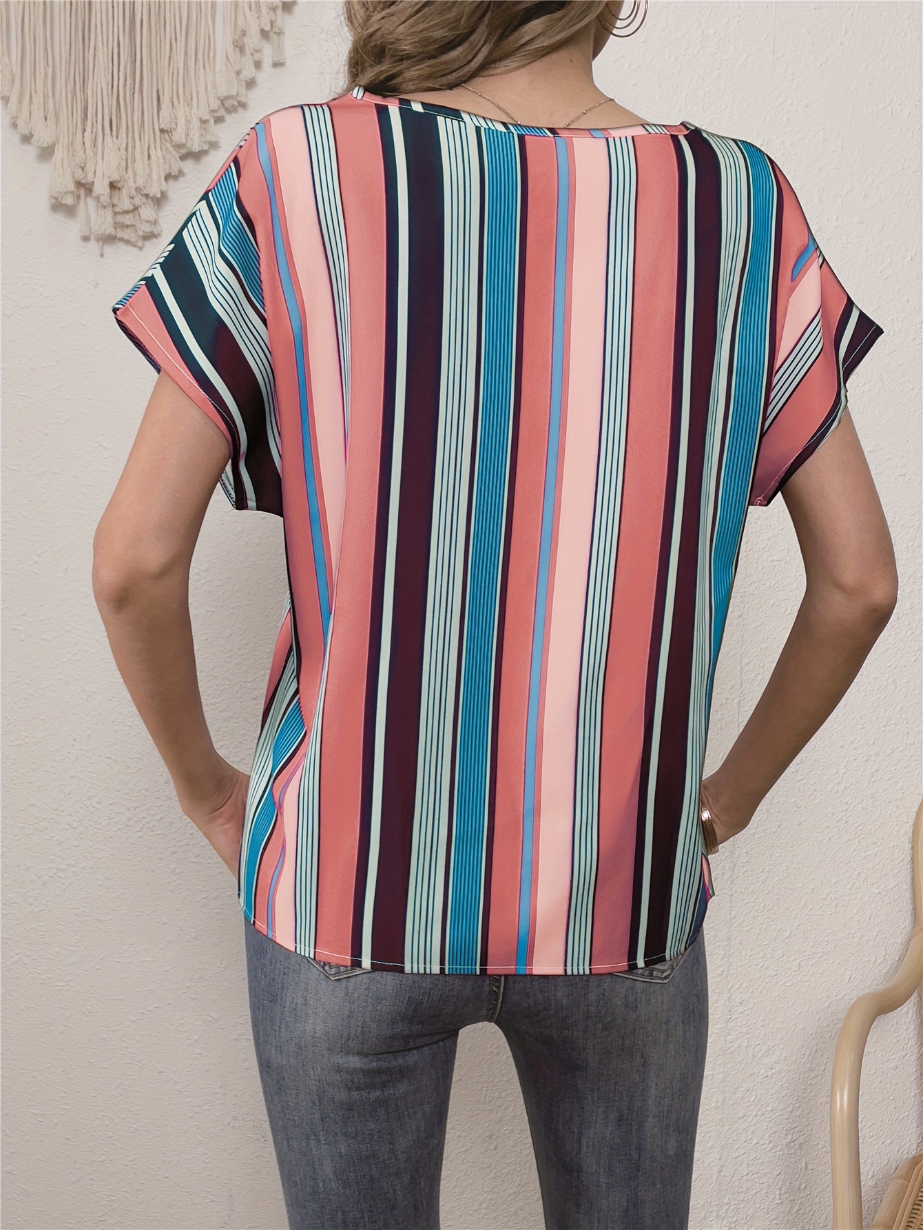 colorful striped blouse elegant crew neck short sleeve comfy blouse womens clothing details 13