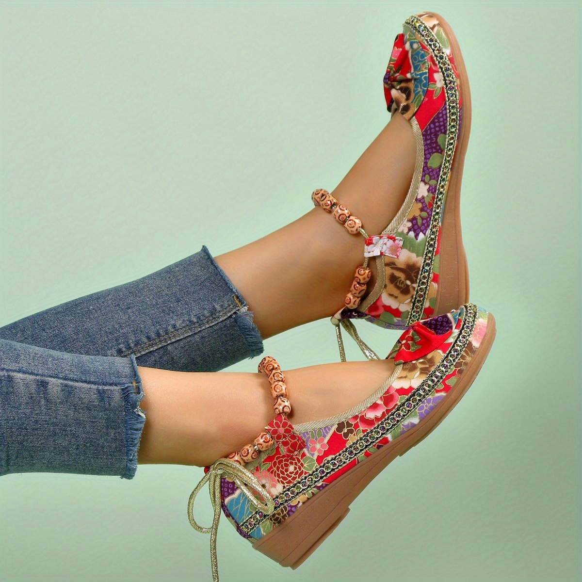 womens fashion bowknot decor linen flat shoes colorful beaded strap slip on wedge shoes ethnic style shoes details 13