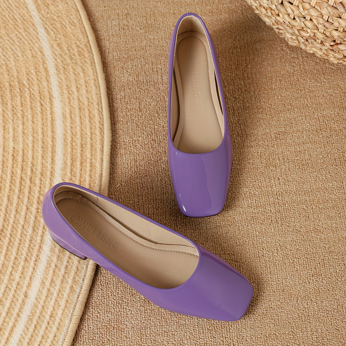 womens square toe chunky heels solid color slip on patent leather shoes all match work shoes details 9