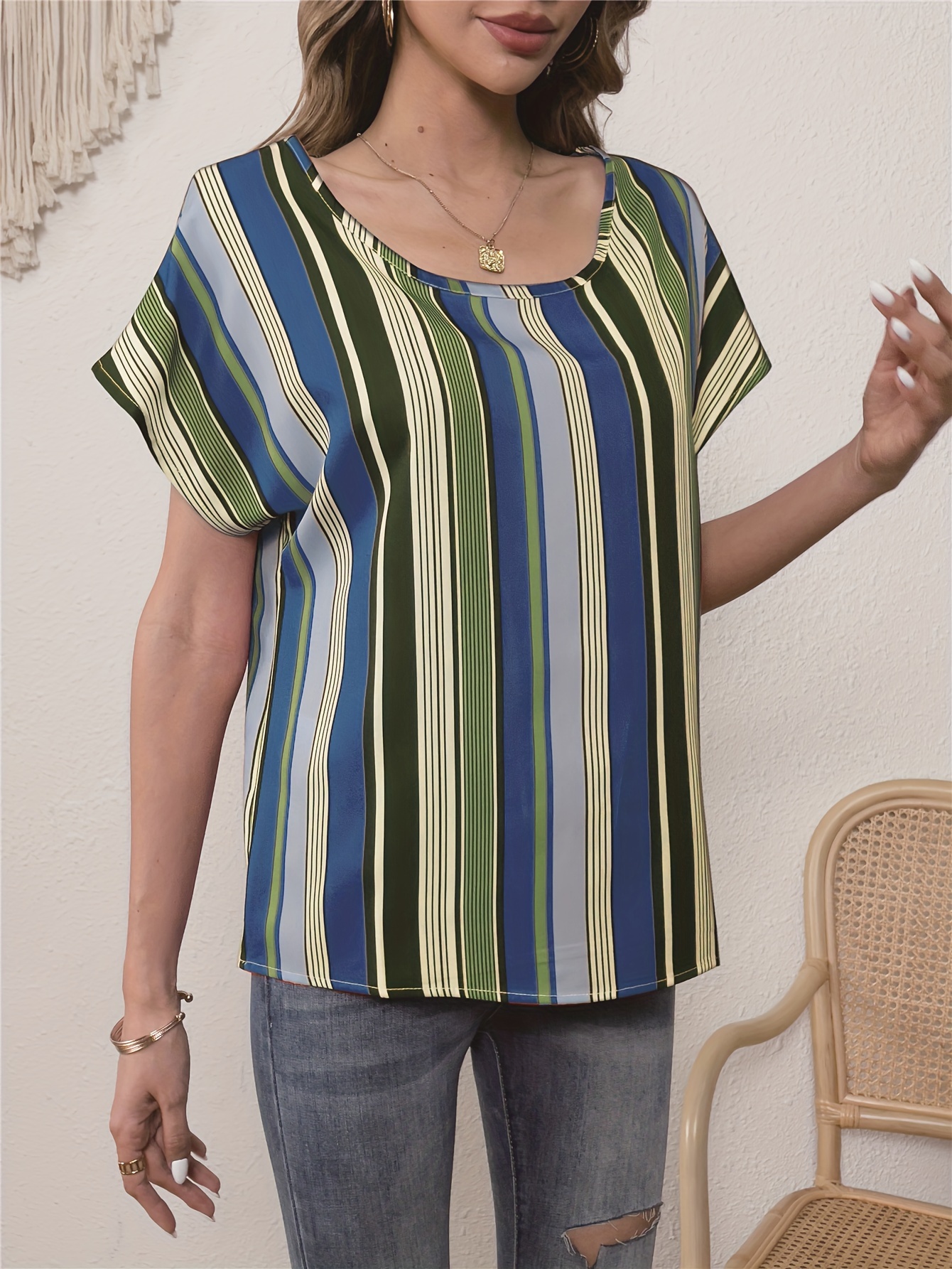 colorful striped blouse elegant crew neck short sleeve comfy blouse womens clothing details 2