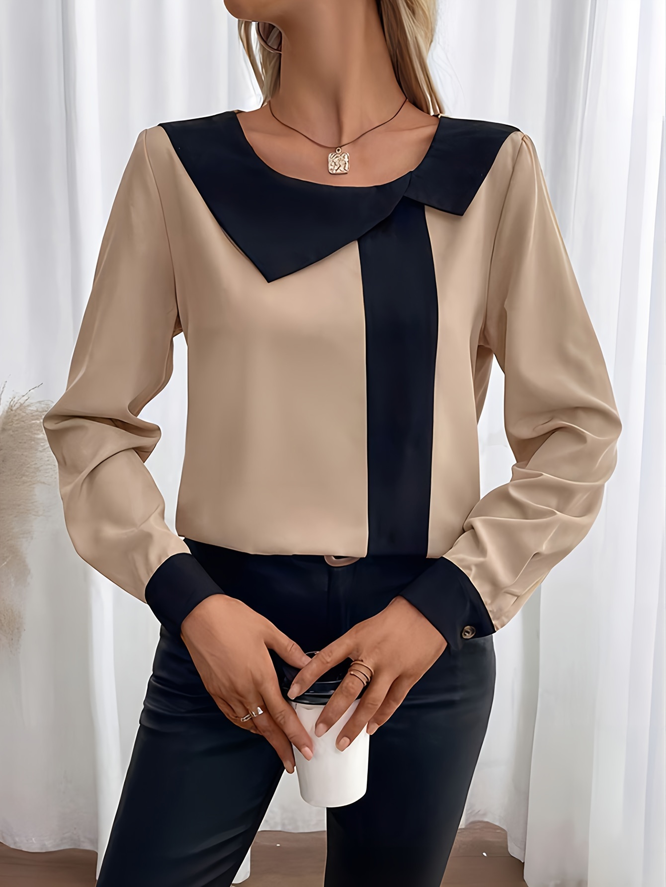 contrast trim collared blouse elegant long sleeve blouse for spring fall womens clothing details 12