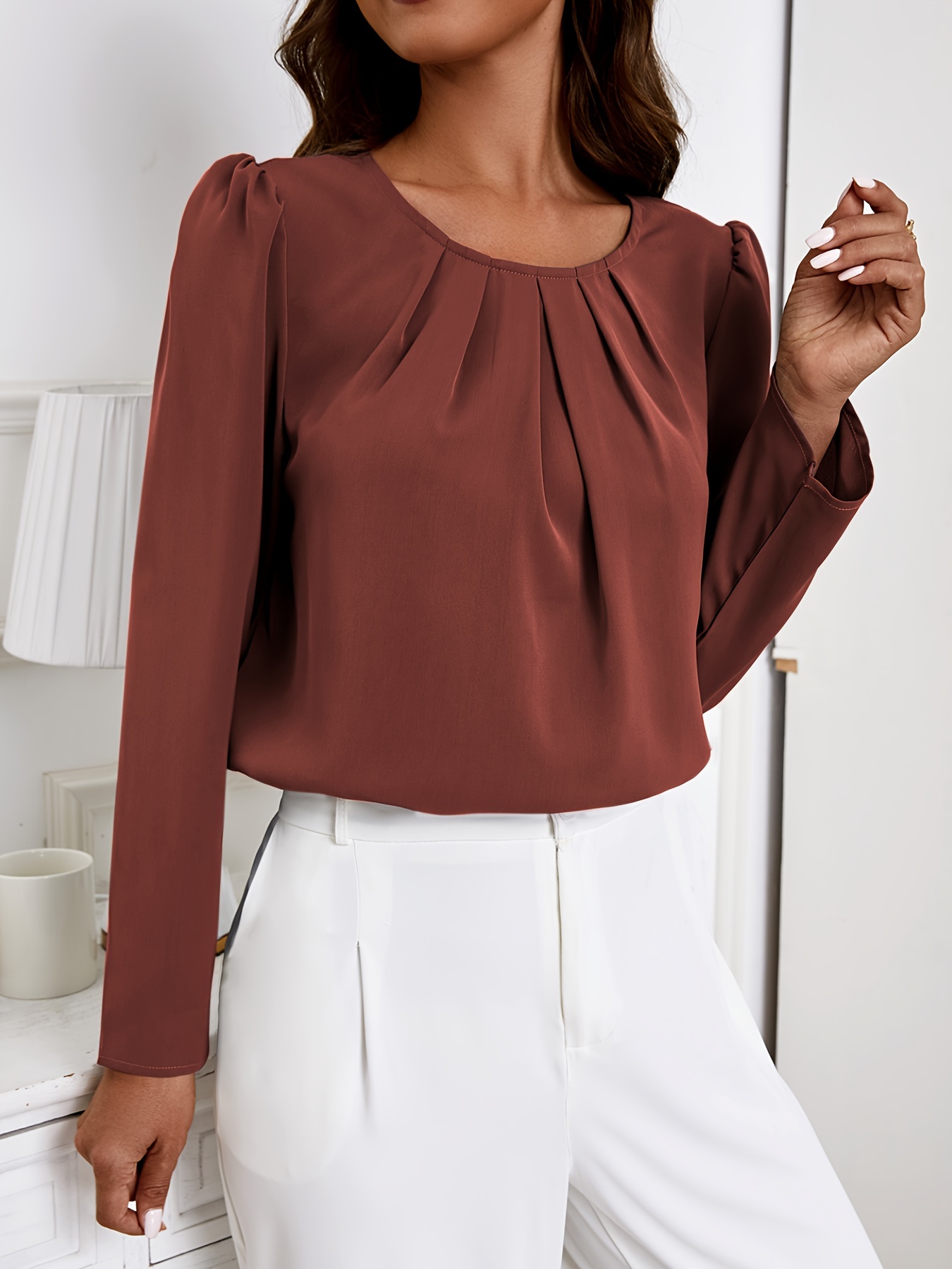 solid crew neck ruched blouse elegant long sleeve blouse for spring fall womens clothing details 38