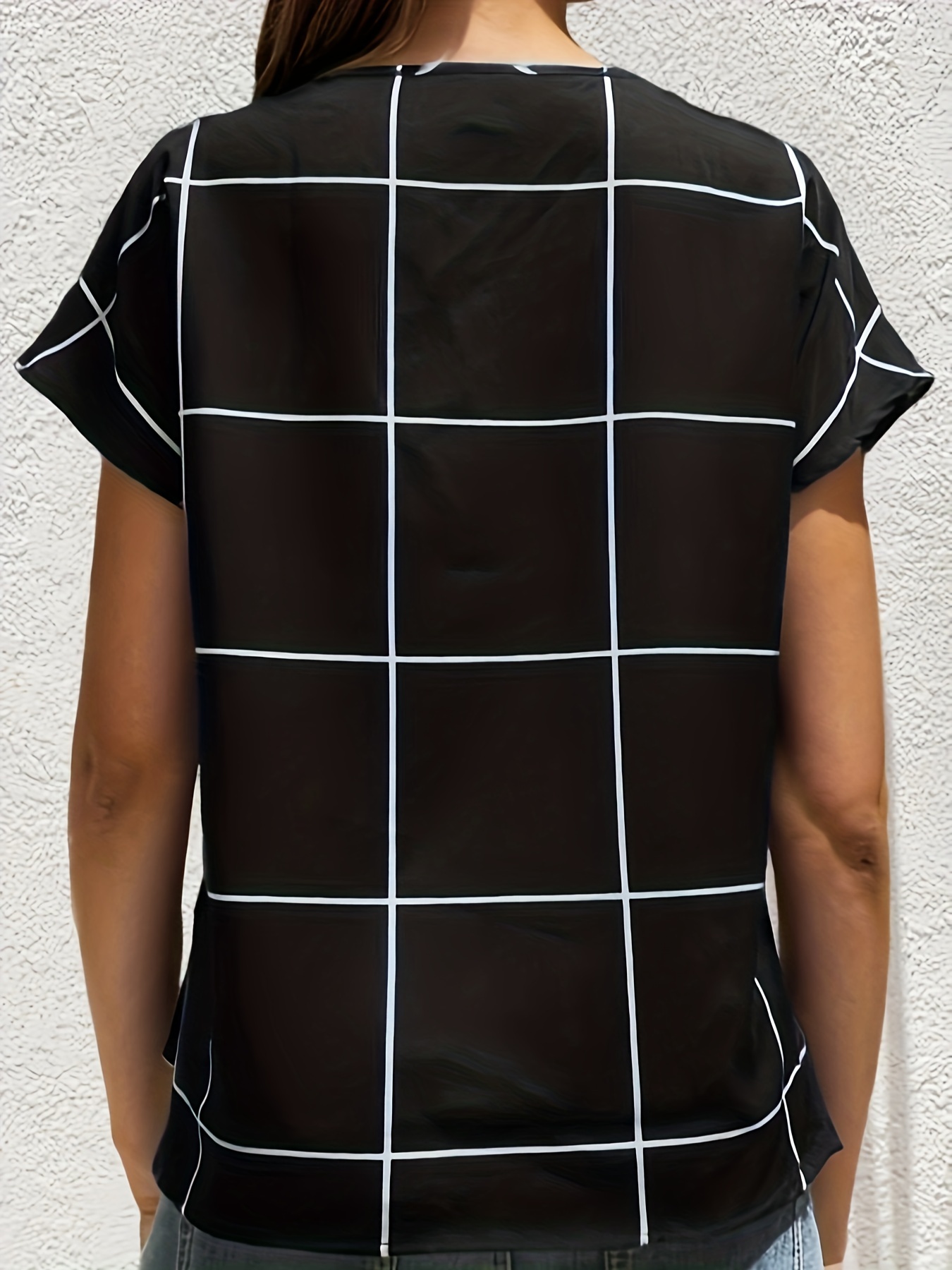 plaid notched neck blouse casual short sleeve blouse for spring summer womens clothing details 41