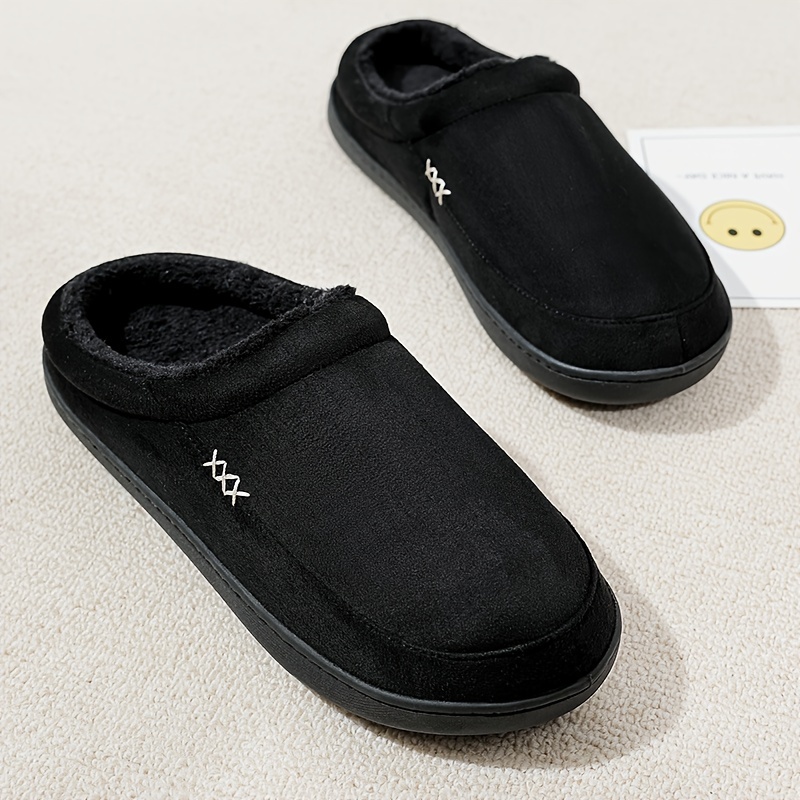 plus size mens solid cozy house slippers lightweight breathable anti skid fuzz lined slip on shoes for indoor walking autumn and winter details 5