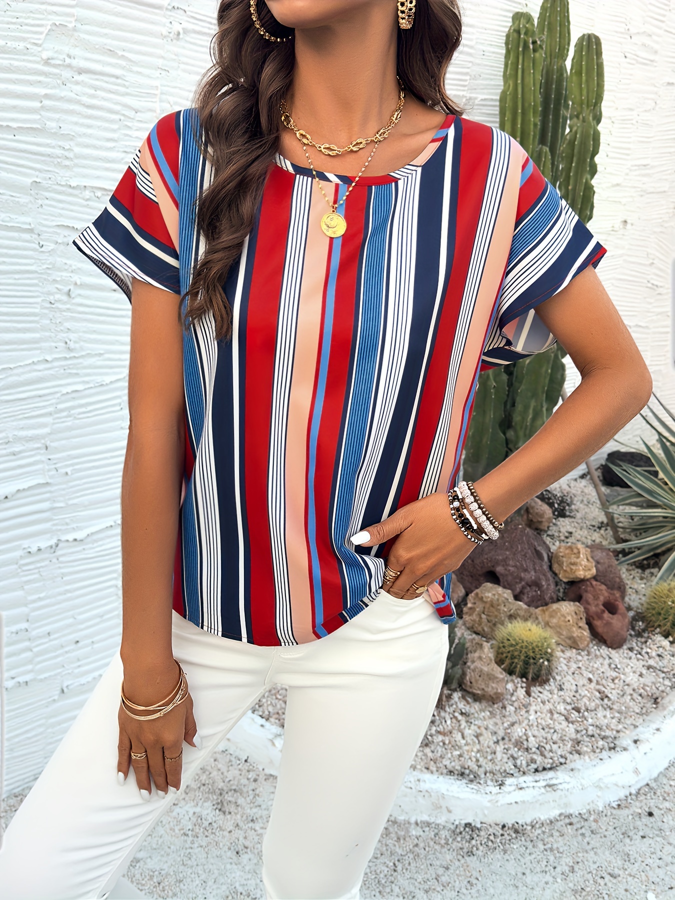 colorful striped blouse elegant crew neck short sleeve comfy blouse womens clothing details 16
