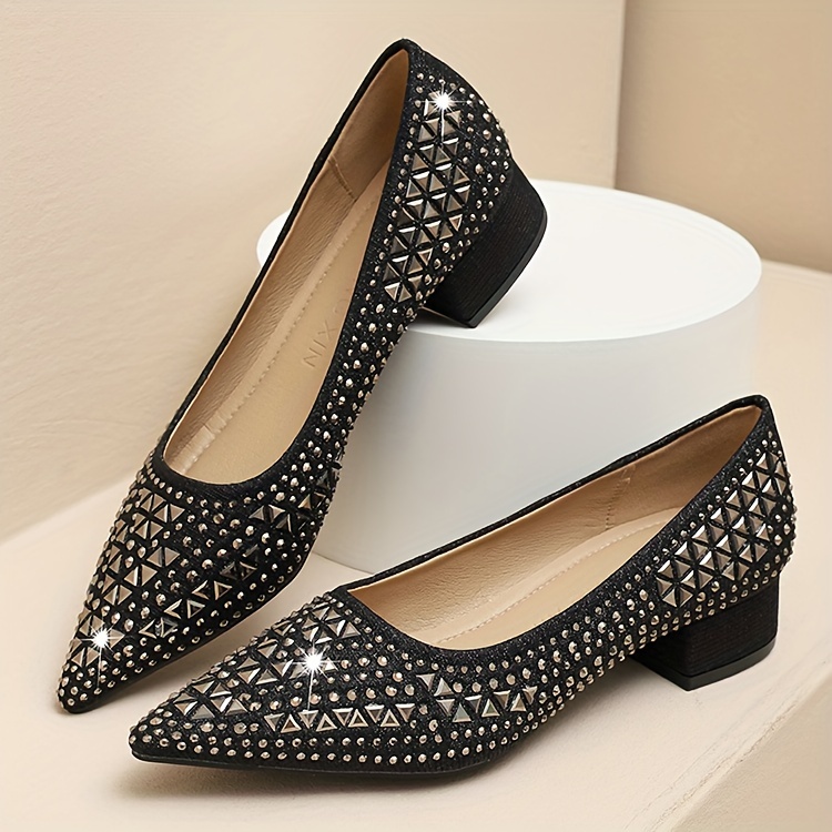 womens rhinestone pattern shoes slip on casual chunky heel large size shoes lightweight glitter party shoes details 0