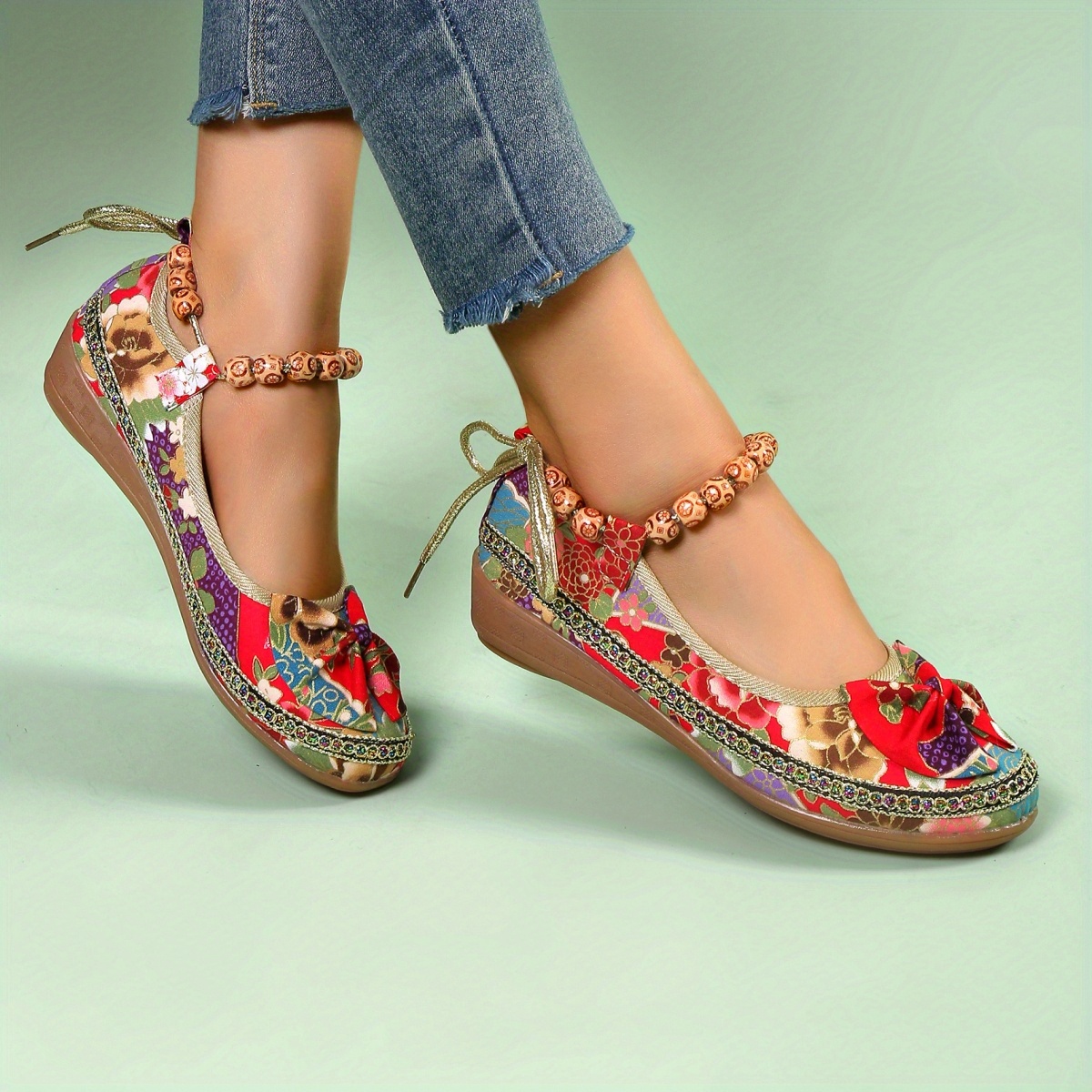 womens fashion bowknot decor linen flat shoes colorful beaded strap slip on wedge shoes ethnic style shoes details 7