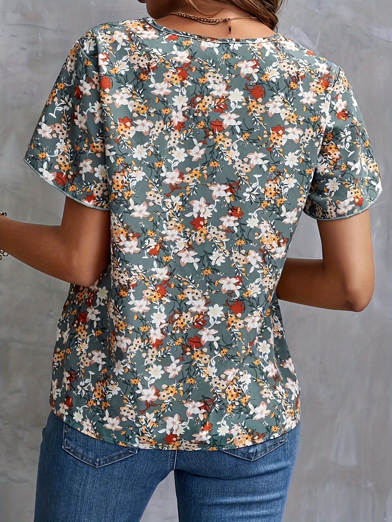 allover print v neck blouse elegant short sleeve blouse for spring summer womens clothing details 3