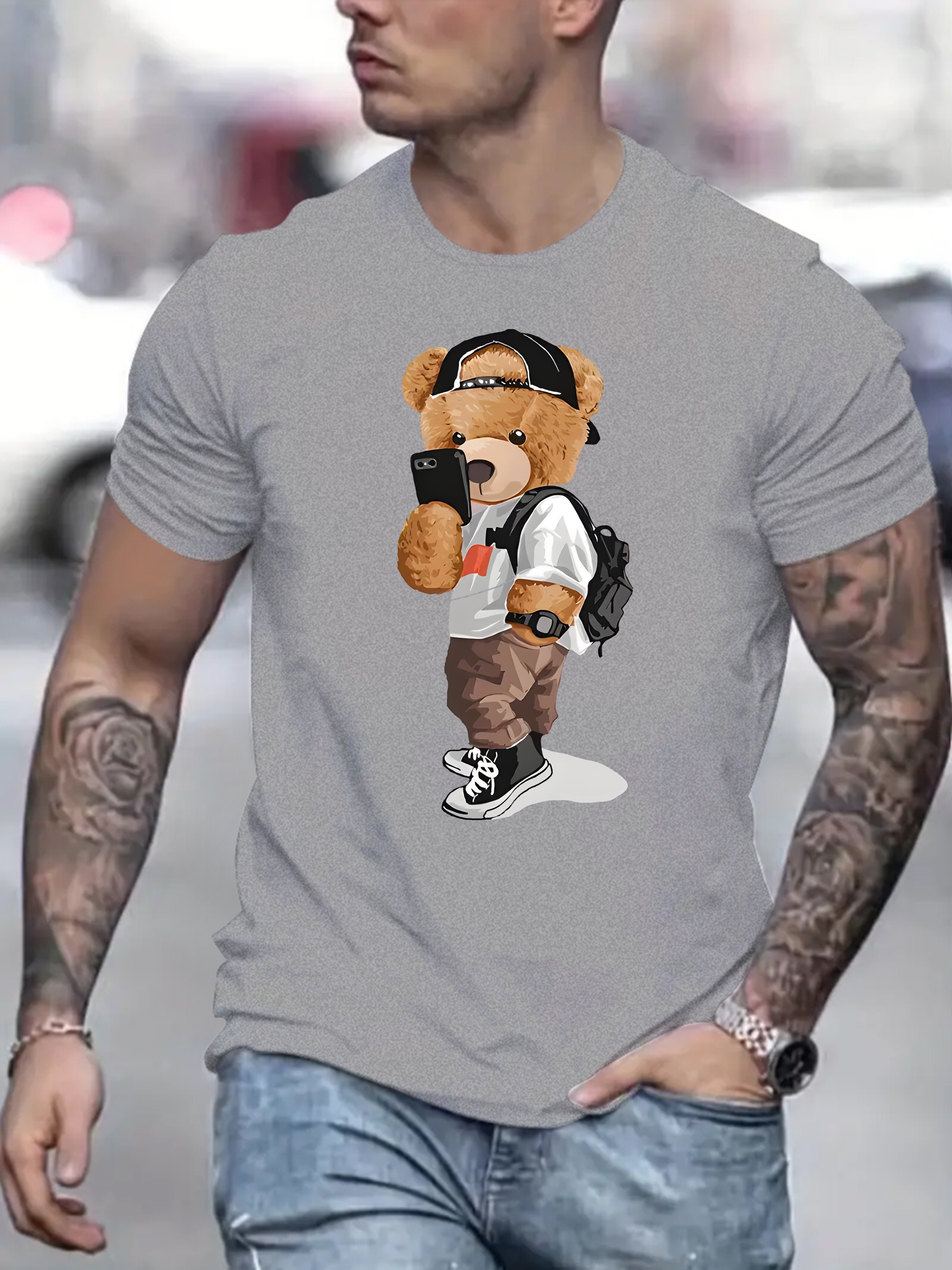 mens crew neck regular fit selfie bear pattern short sleeve vintage t shirt loose casual top for spring summer holiday details 15