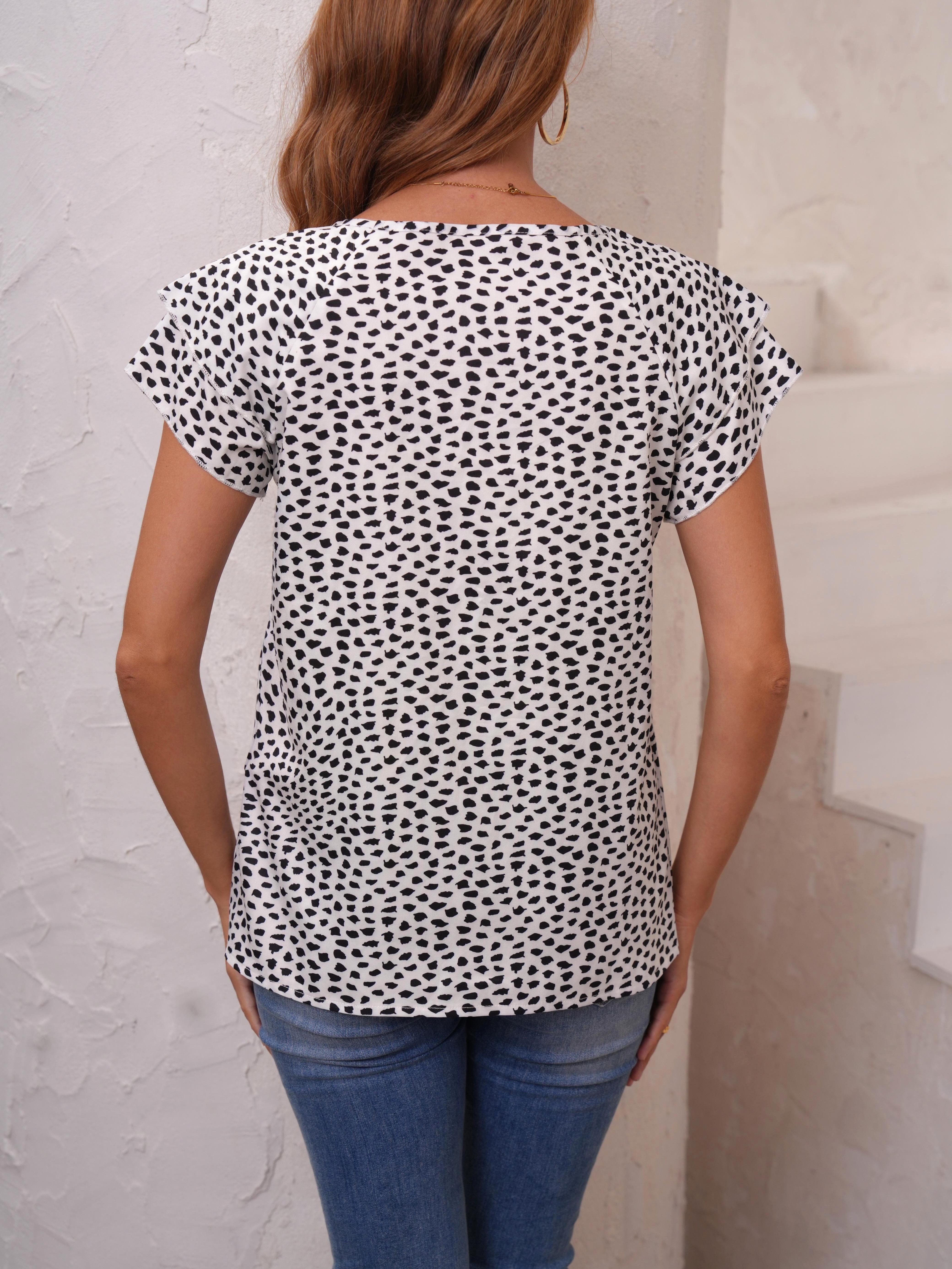leopard print blouse casual layered short sleeve crew neck blouse womens clothing details 2