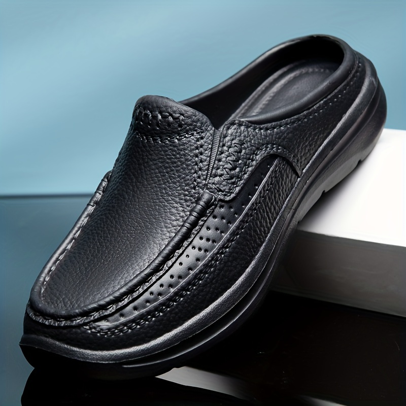 mens faux leather stylish solid backless shoes wear resistant anti skid slip on casual slippers for outdoor walking spring and autumn details 4