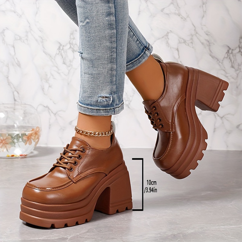 womens platform chunky heels solid color lace up low top pumps fashion all match womens high heels details 9