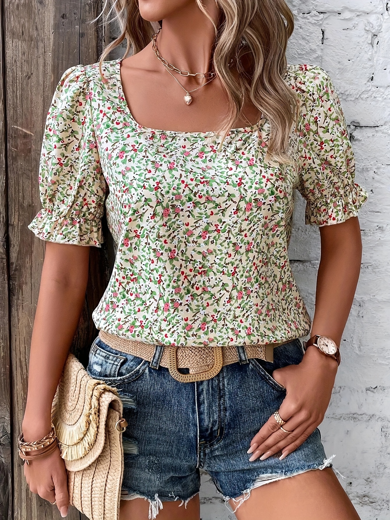 ditsy floral print blouse casual squared neck puff sleeve blouse womens clothing details 4