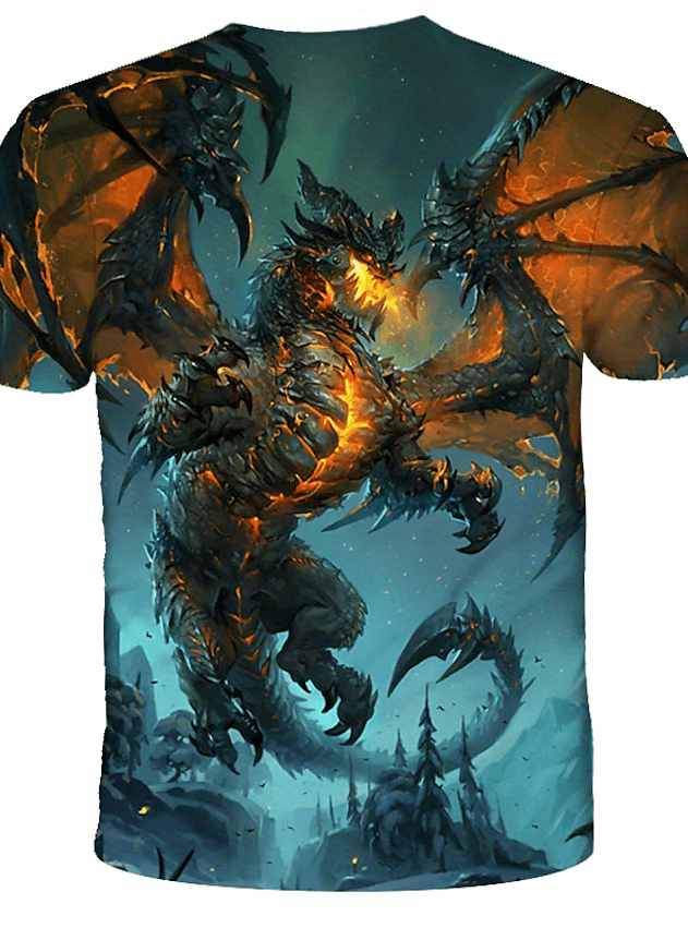 dragon pattern graphic 3d print t shirt mens casual slightly stretch round neck t shirt for spring summer details 1