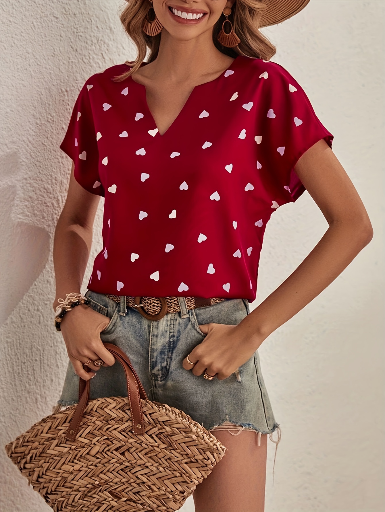 heart print notched neck blouse sweet short sleeve blouse for spring summer womens clothing details 3