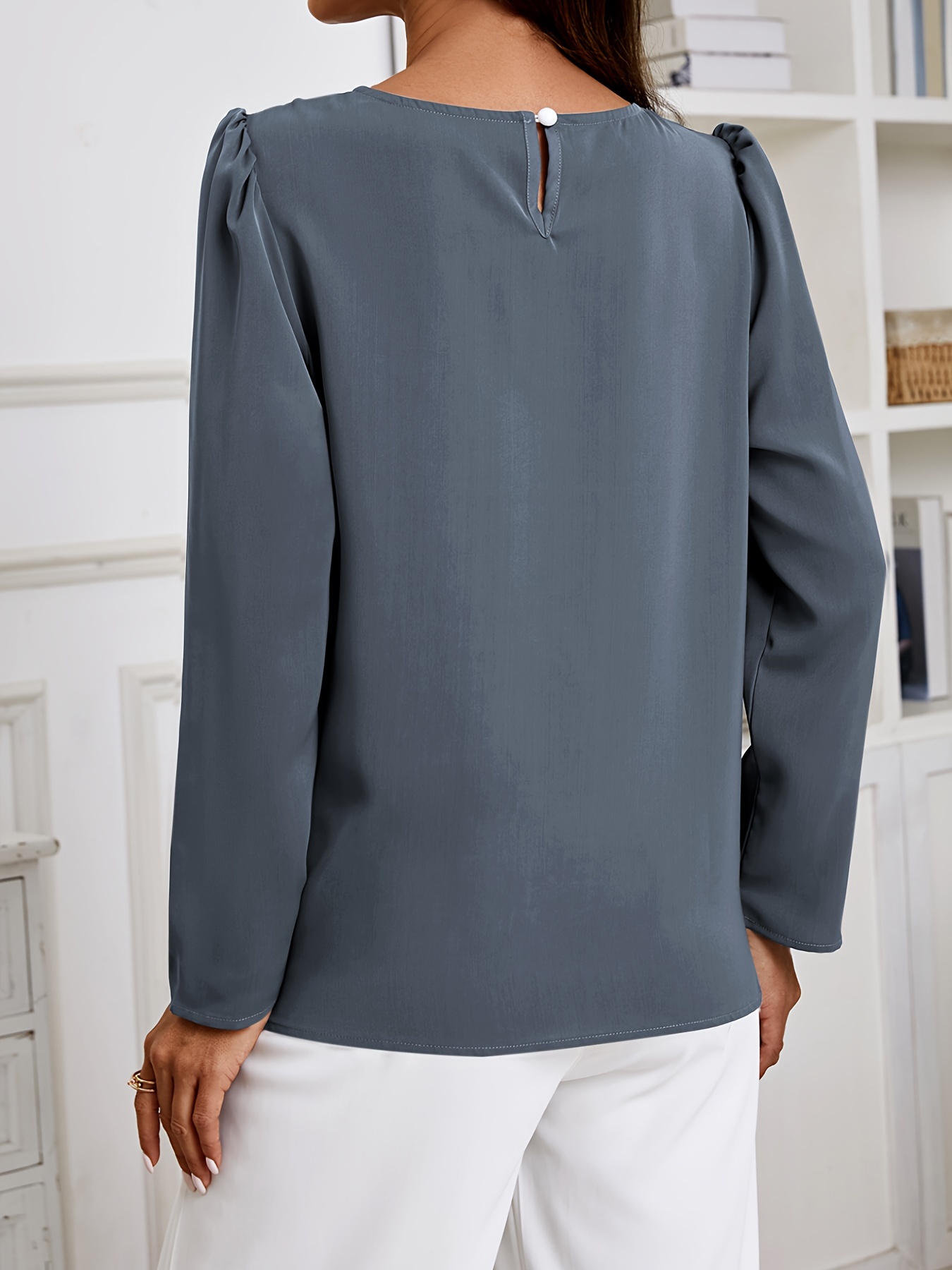 solid crew neck ruched blouse elegant long sleeve blouse for spring fall womens clothing details 51