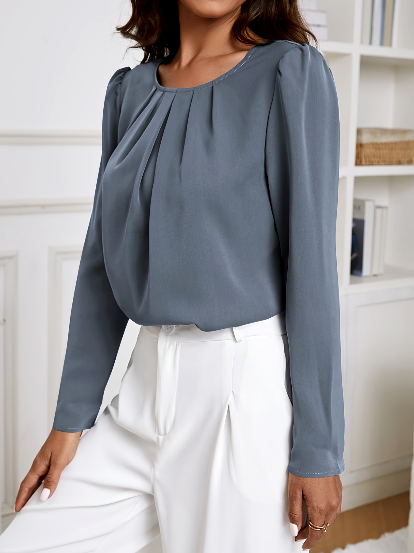 solid crew neck ruched blouse elegant long sleeve blouse for spring fall womens clothing details 49