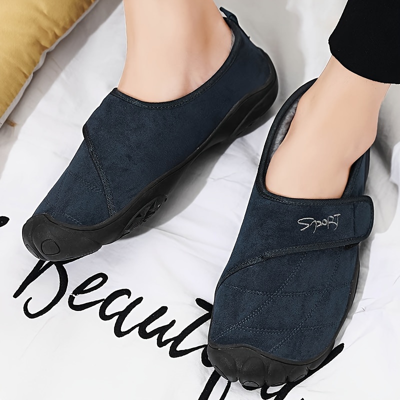 mens solid home slippers with lined fuzz breathable non slip comfy shoes with hook loop fastener for indoor outdoor walking autumn and winter details 8