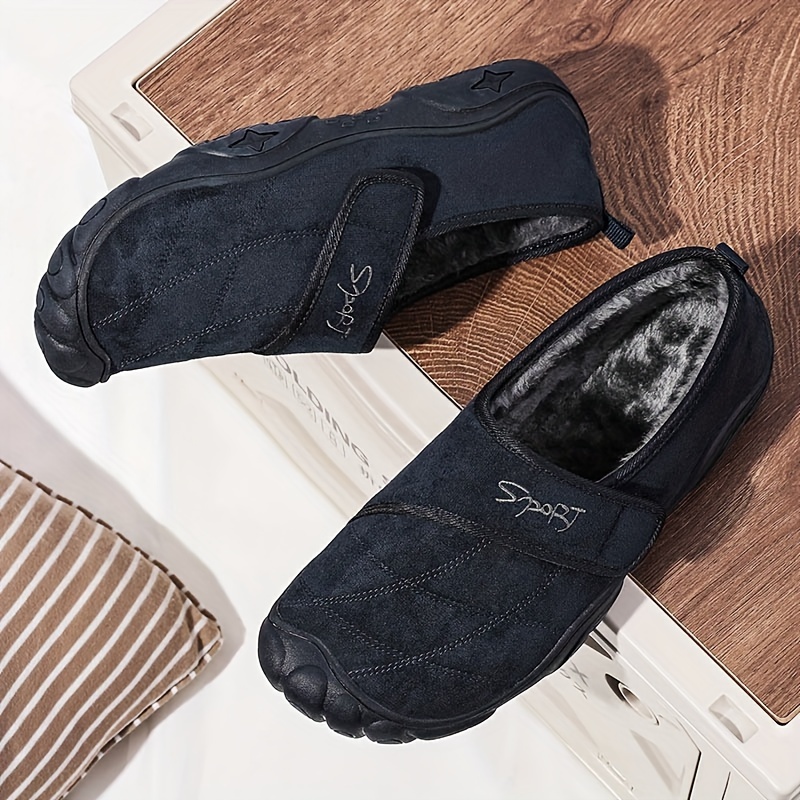 mens solid home slippers with lined fuzz breathable non slip comfy shoes with hook loop fastener for indoor outdoor walking autumn and winter details 4