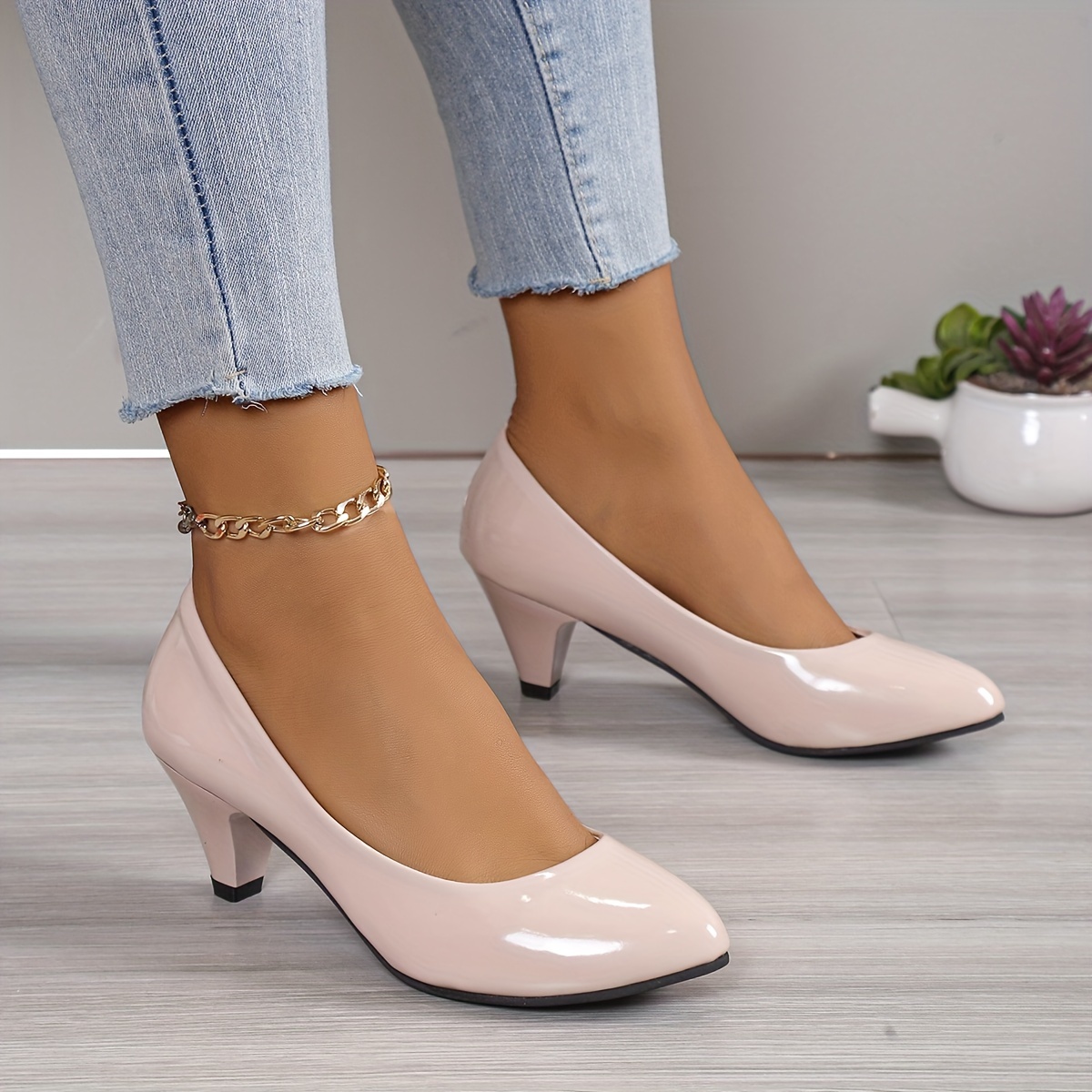 womens solid color high heels fashion slip on dress pumps womens stylish slip on heels details 6