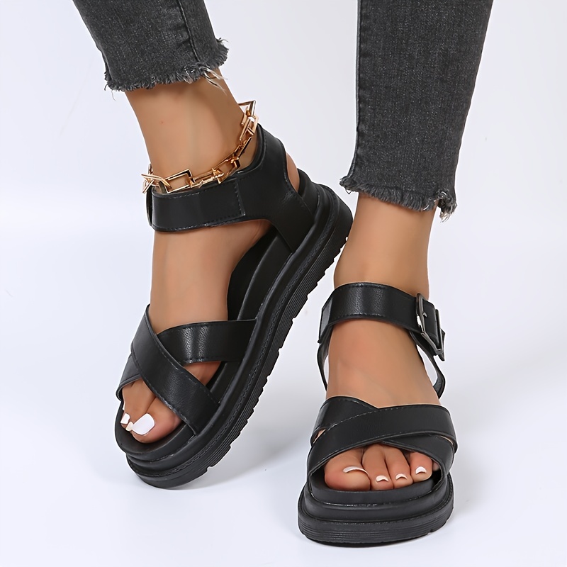 womens platform cross strap sandals solid color open toe ankle buckle strap shoes outdoor non slip sandals details 0