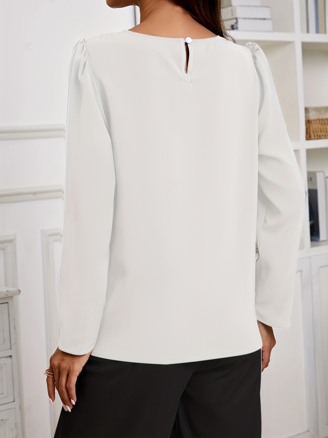 solid crew neck ruched blouse elegant long sleeve blouse for spring fall womens clothing details 21