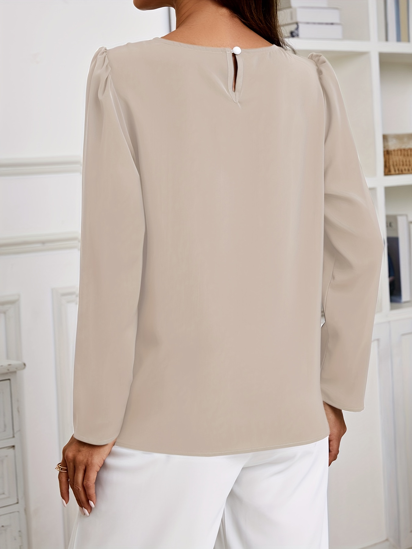 solid crew neck ruched blouse elegant long sleeve blouse for spring fall womens clothing details 33