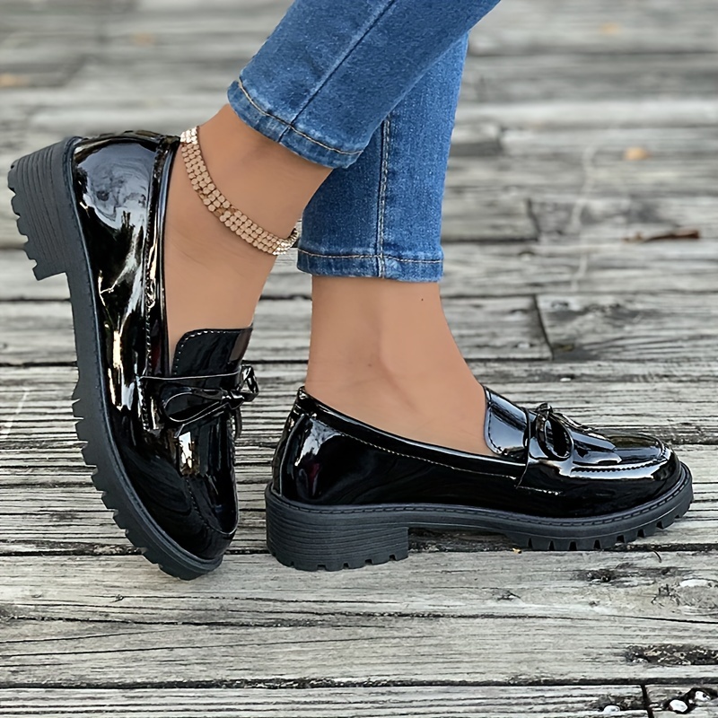 womens tassel bow loafers solid color round toe patent leather shoes all match slip on loafers details 6