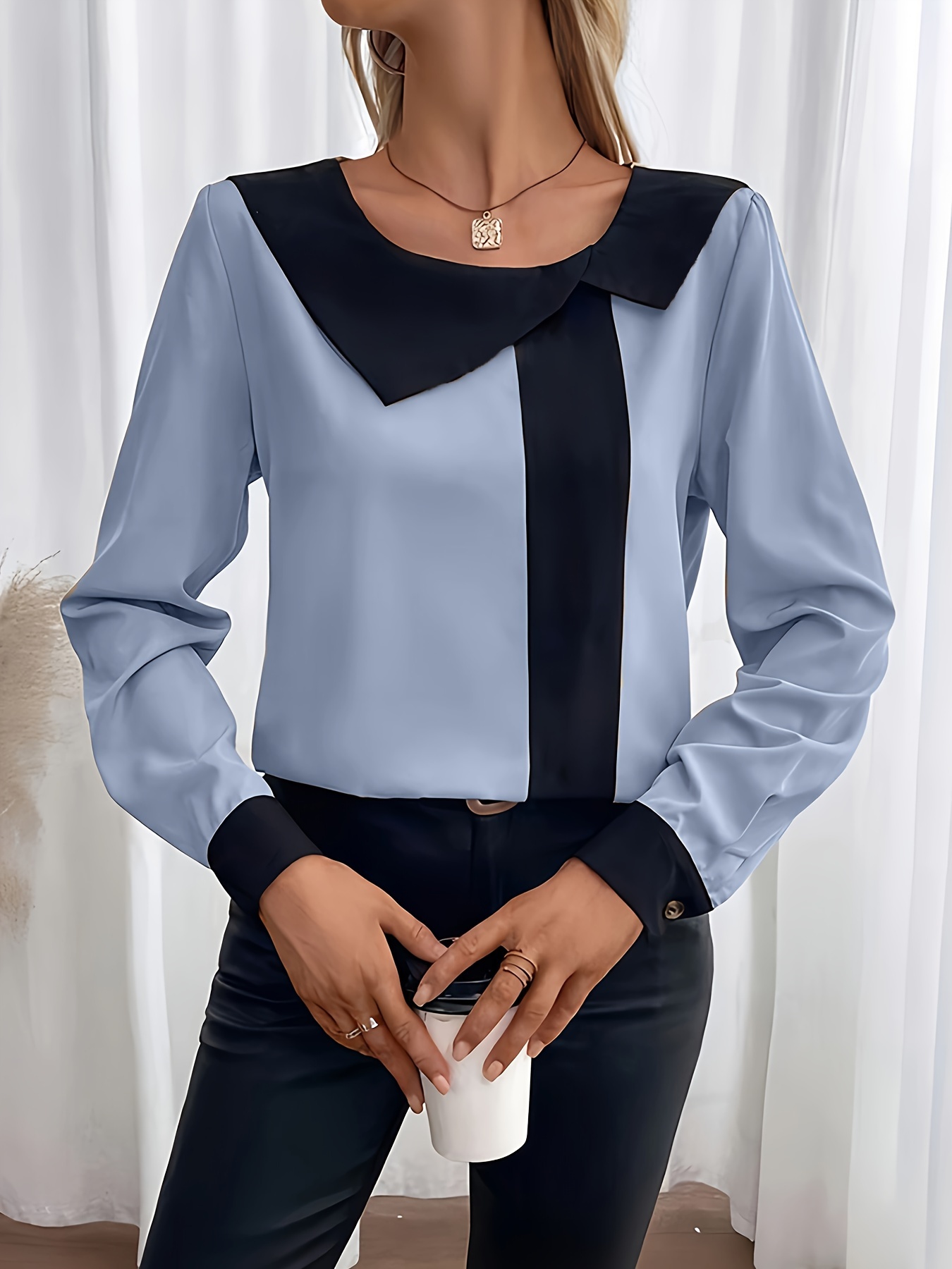contrast trim collared blouse elegant long sleeve blouse for spring fall womens clothing details 8