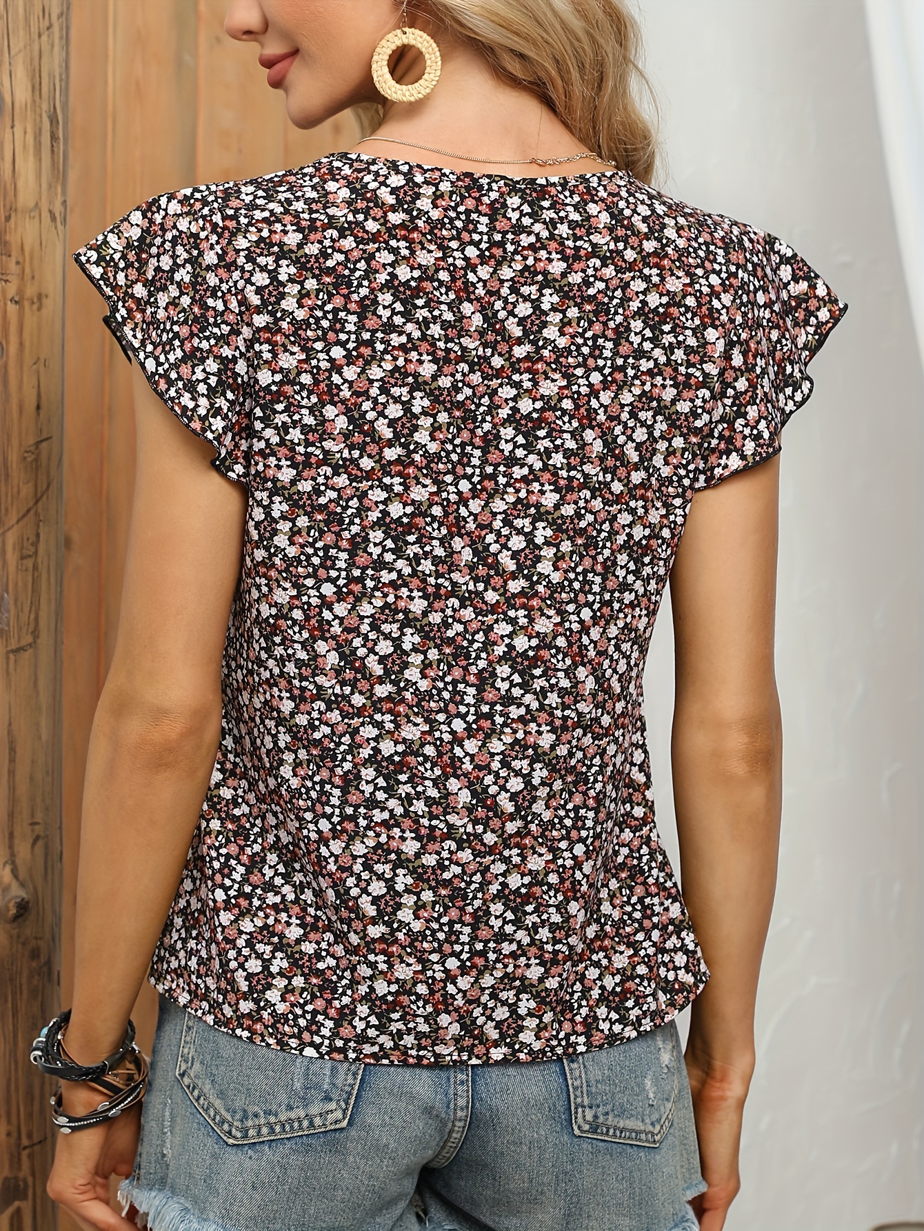 floral print crew neck blouse casual ruffle sleeve blouse for spring summer womens clothing details 3