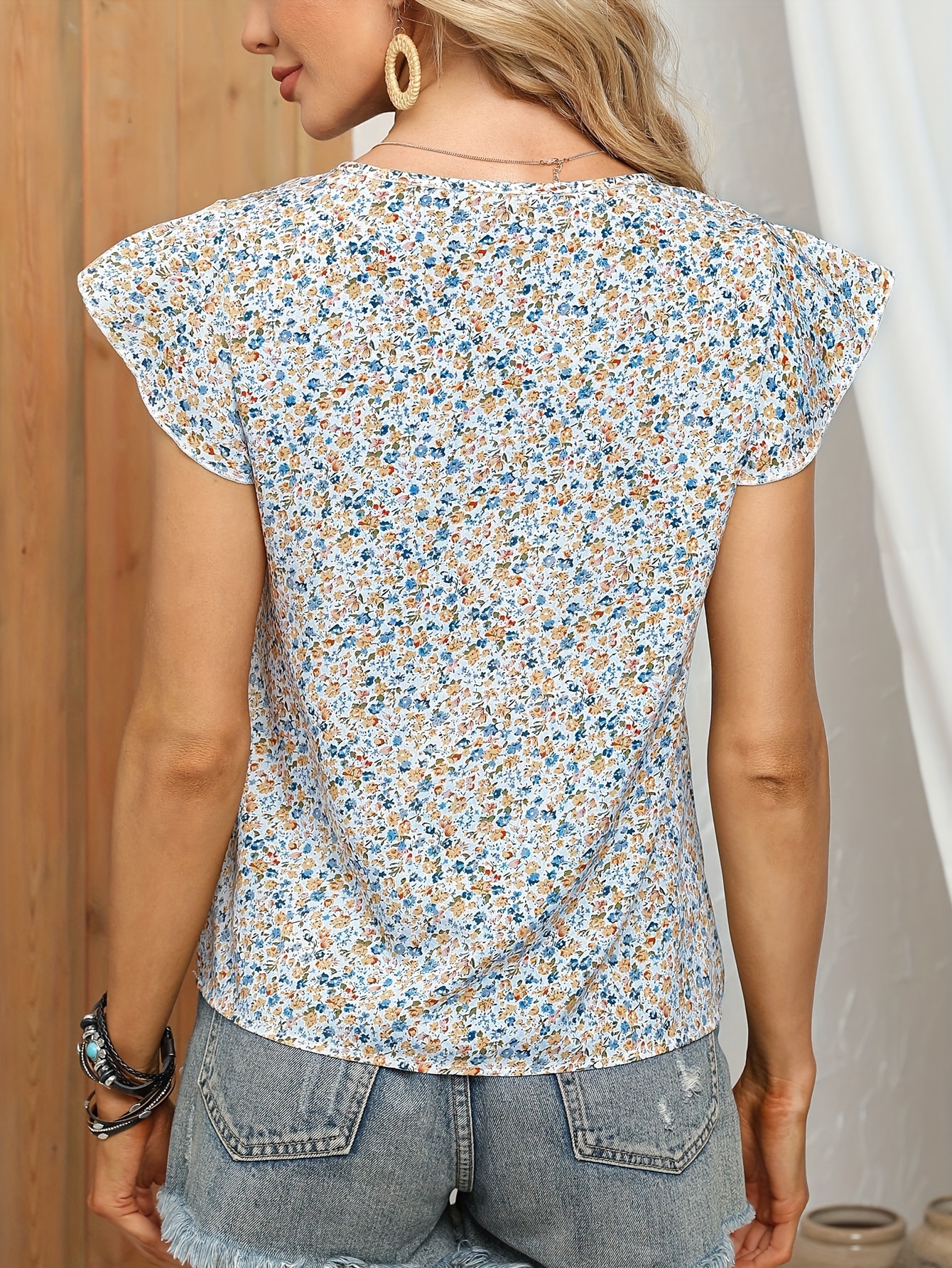ditsy floral print blouse casual crew neck ruffle sleeve blouse womens clothing details 21