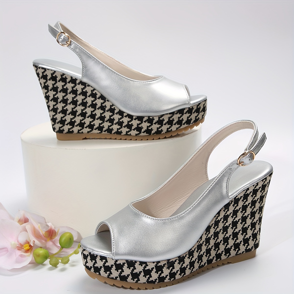 platform wedge houndstooth sandals solid color peep toe ankle buckle strap slingback shoes casual party sandals details 9