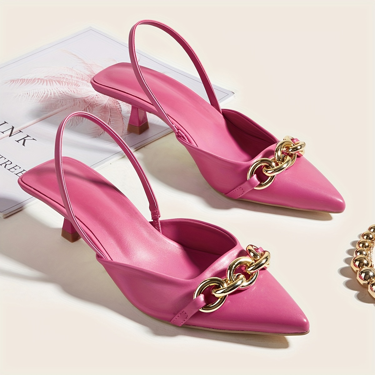 womens slingback kitten heels metallic chain decor pointed toe slip on sandals solid color dress low heels details 1