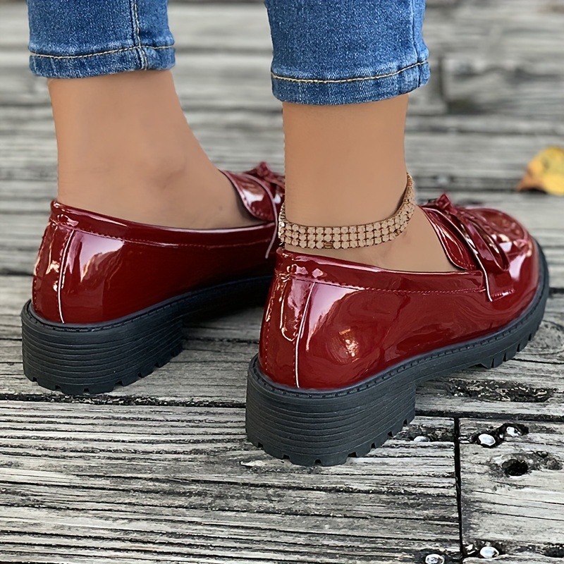 womens tassel bow loafers solid color round toe patent leather shoes all match slip on loafers details 4