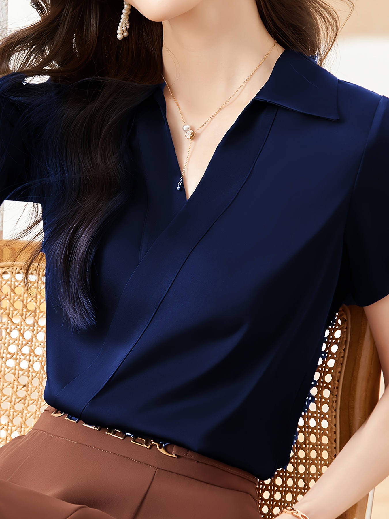 solid v neck simple blouse elegant short sleeve blouse for spring summer womens clothing details 20