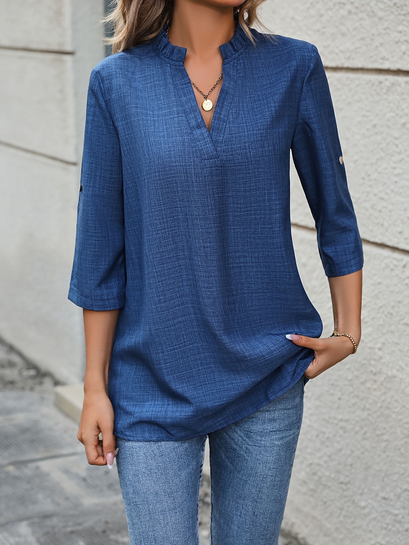 solid notched neck simple blouse casual 3 4 sleeve blouse for spring fall womens clothing details 5