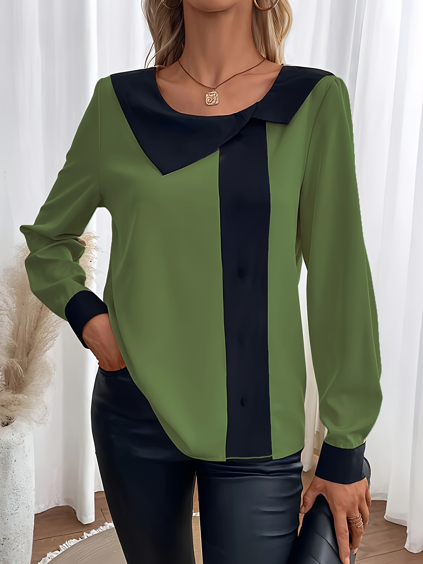 contrast trim collared blouse elegant long sleeve blouse for spring fall womens clothing details 3