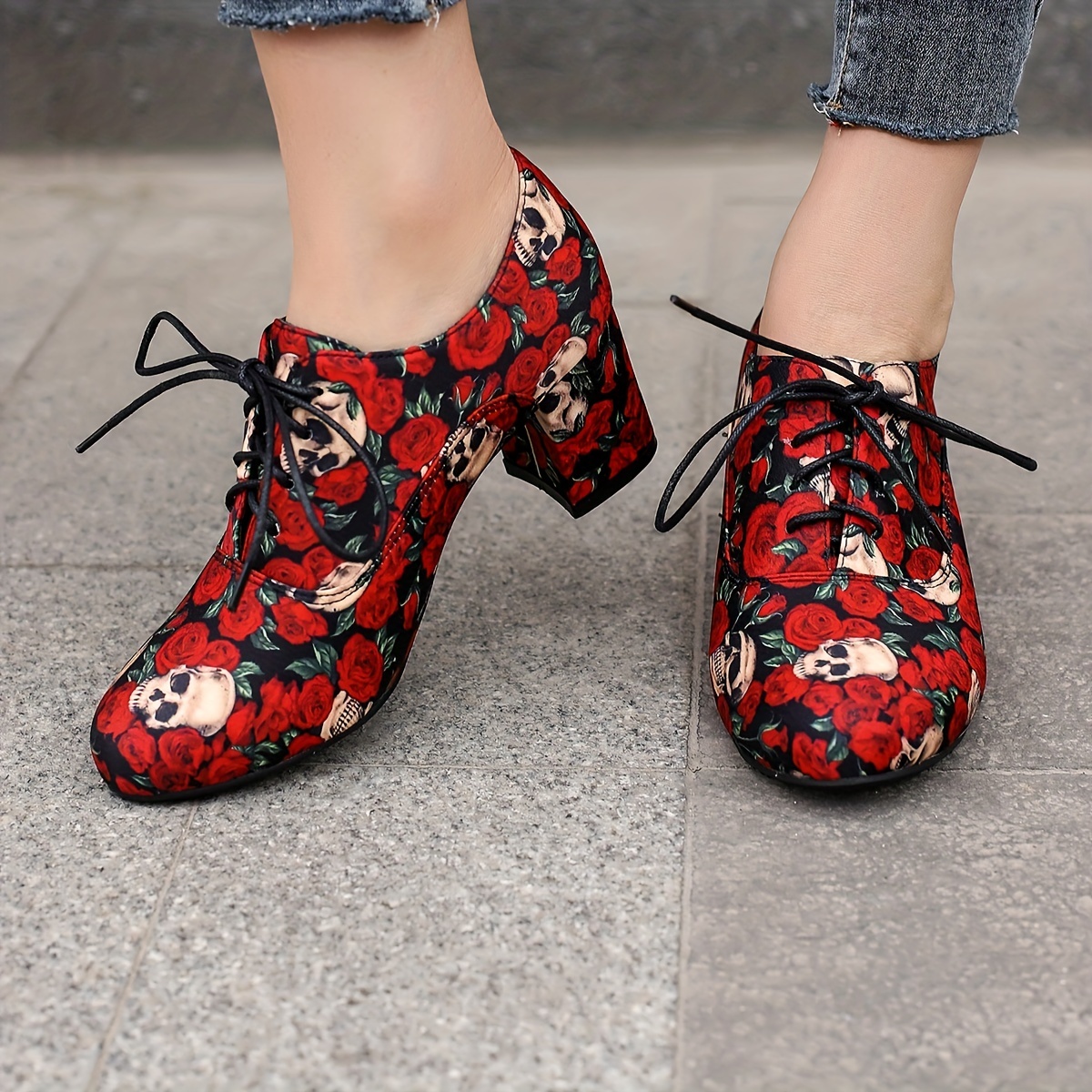 womens skull rose pattern chunky heels fashion lace up outdoor pumps halloween round toe heels details 3