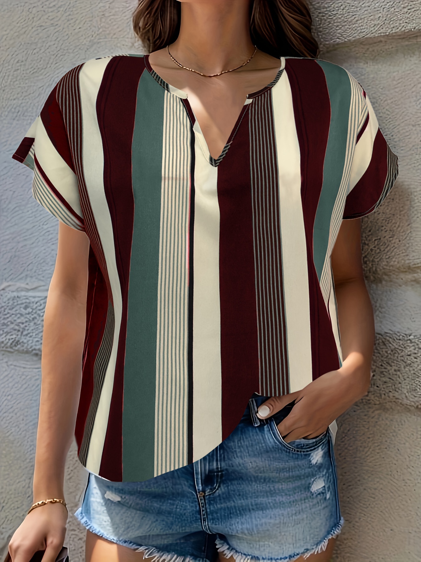plaid notched neck blouse casual short sleeve blouse for spring summer womens clothing details 12