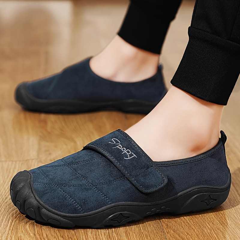 mens solid home slippers with lined fuzz breathable non slip comfy shoes with hook loop fastener for indoor outdoor walking autumn and winter details 7