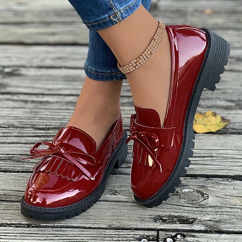 womens tassel bow loafers solid color round toe patent leather shoes all match slip on loafers details 0