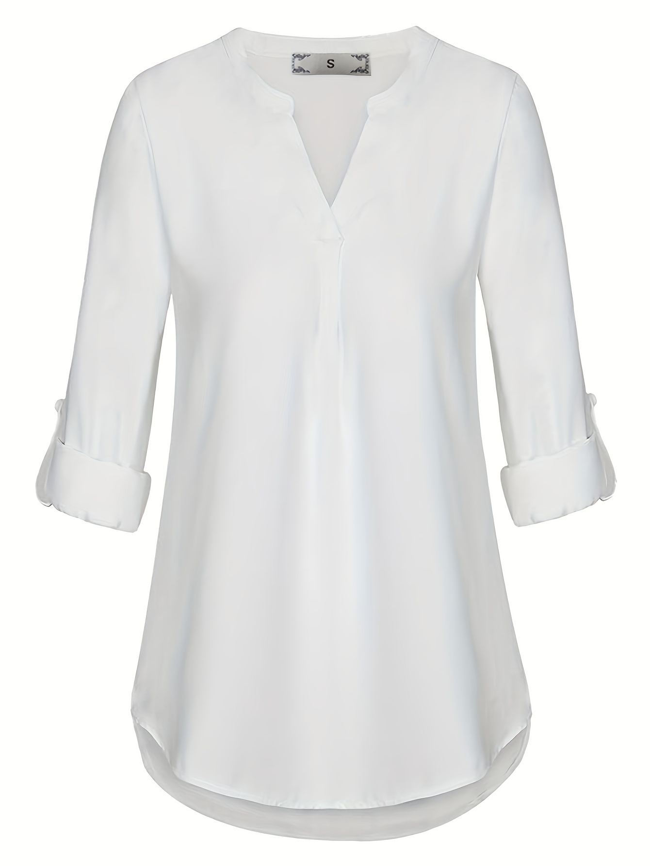 solid notch neck blouse casual three quarter sleeve blouse womens clothing details 1