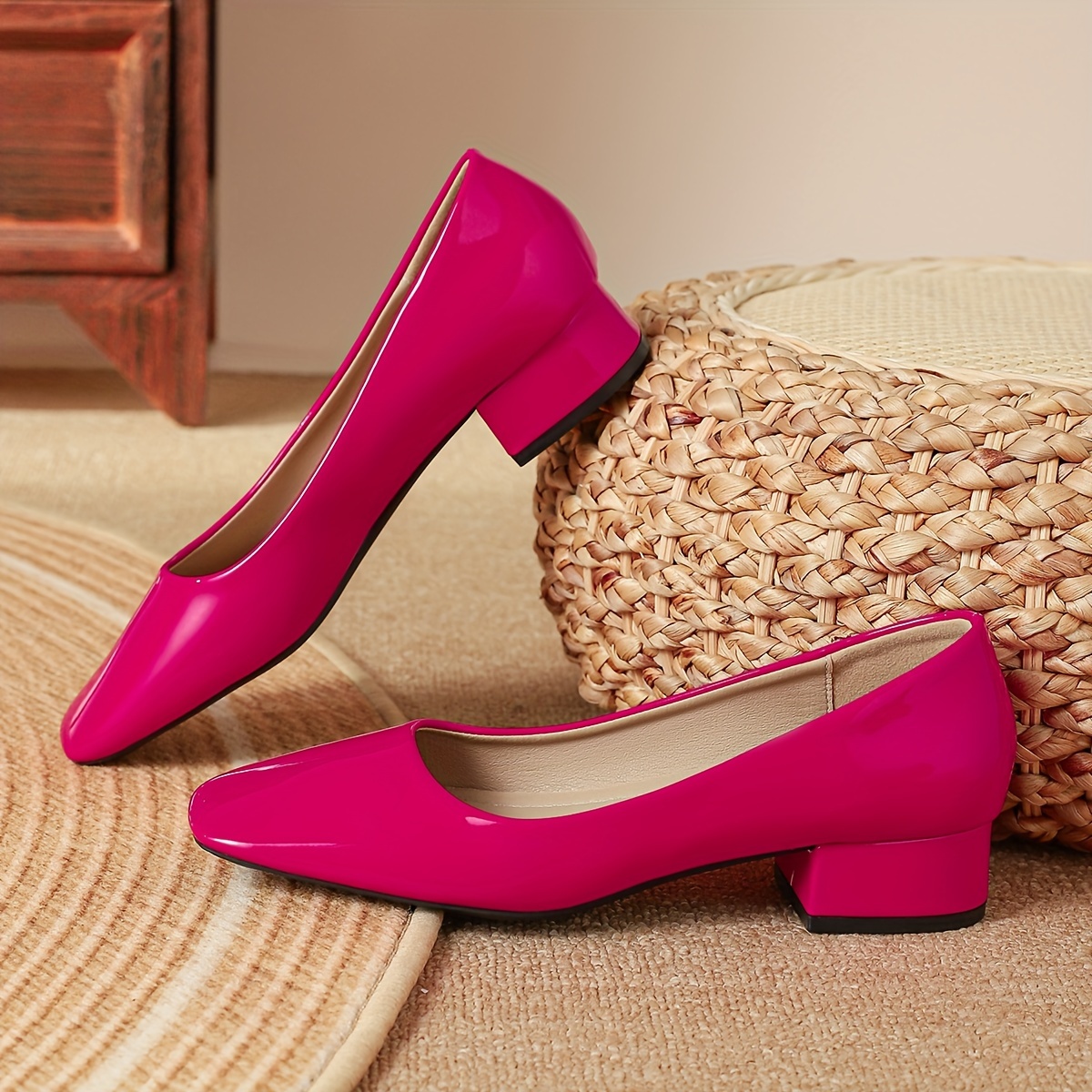 womens square toe chunky heels solid color slip on patent leather shoes all match work shoes details 4