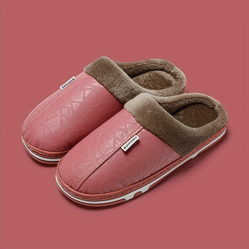 mens soft cozy house slippers anti skid fuzz lined slip on shoes with pu leather uppers for indoor walking autumn and winter details 4