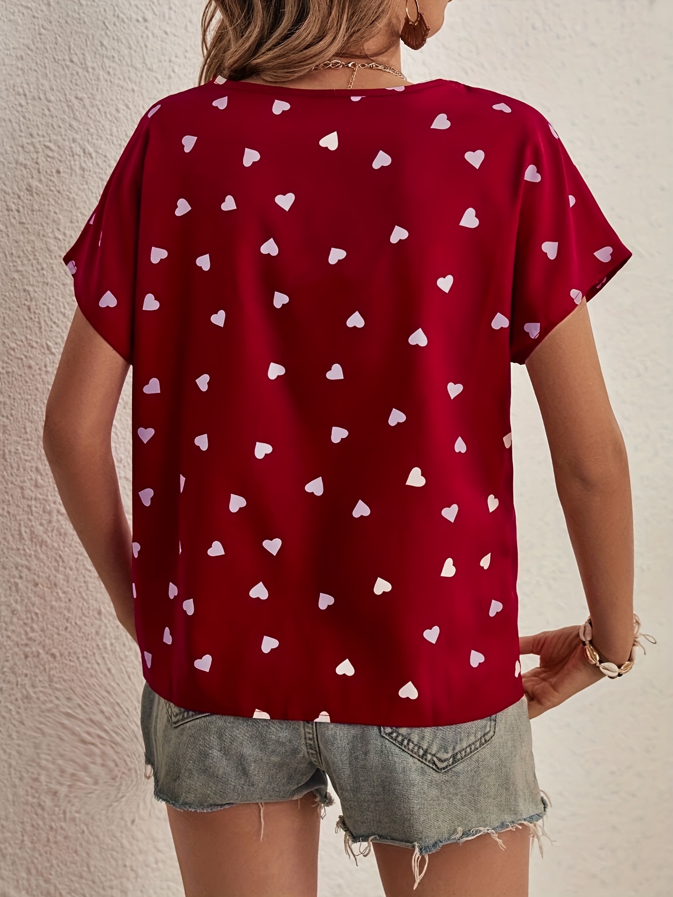 heart print notched neck blouse sweet short sleeve blouse for spring summer womens clothing details 2