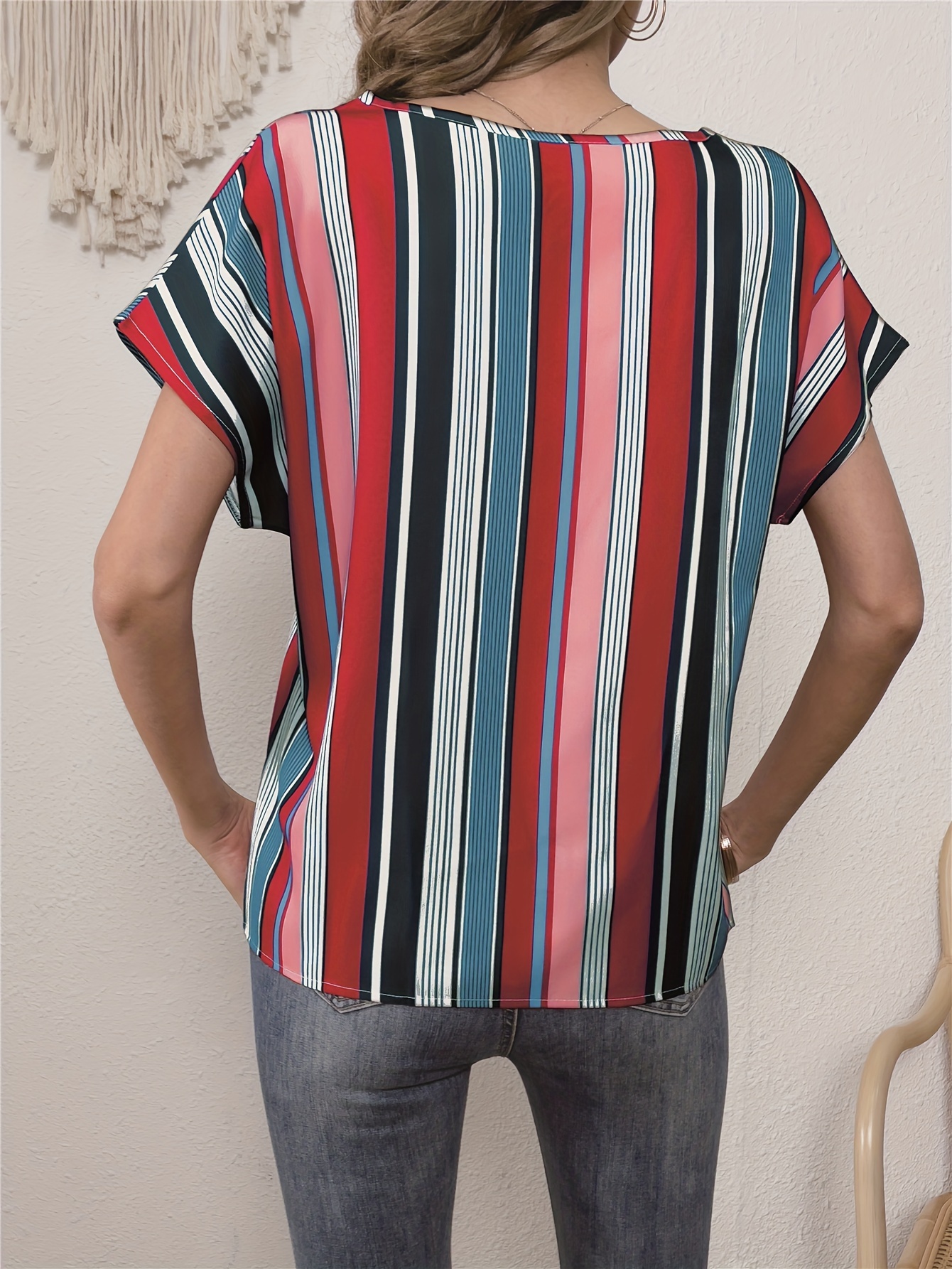 colorful striped blouse elegant crew neck short sleeve comfy blouse womens clothing details 4